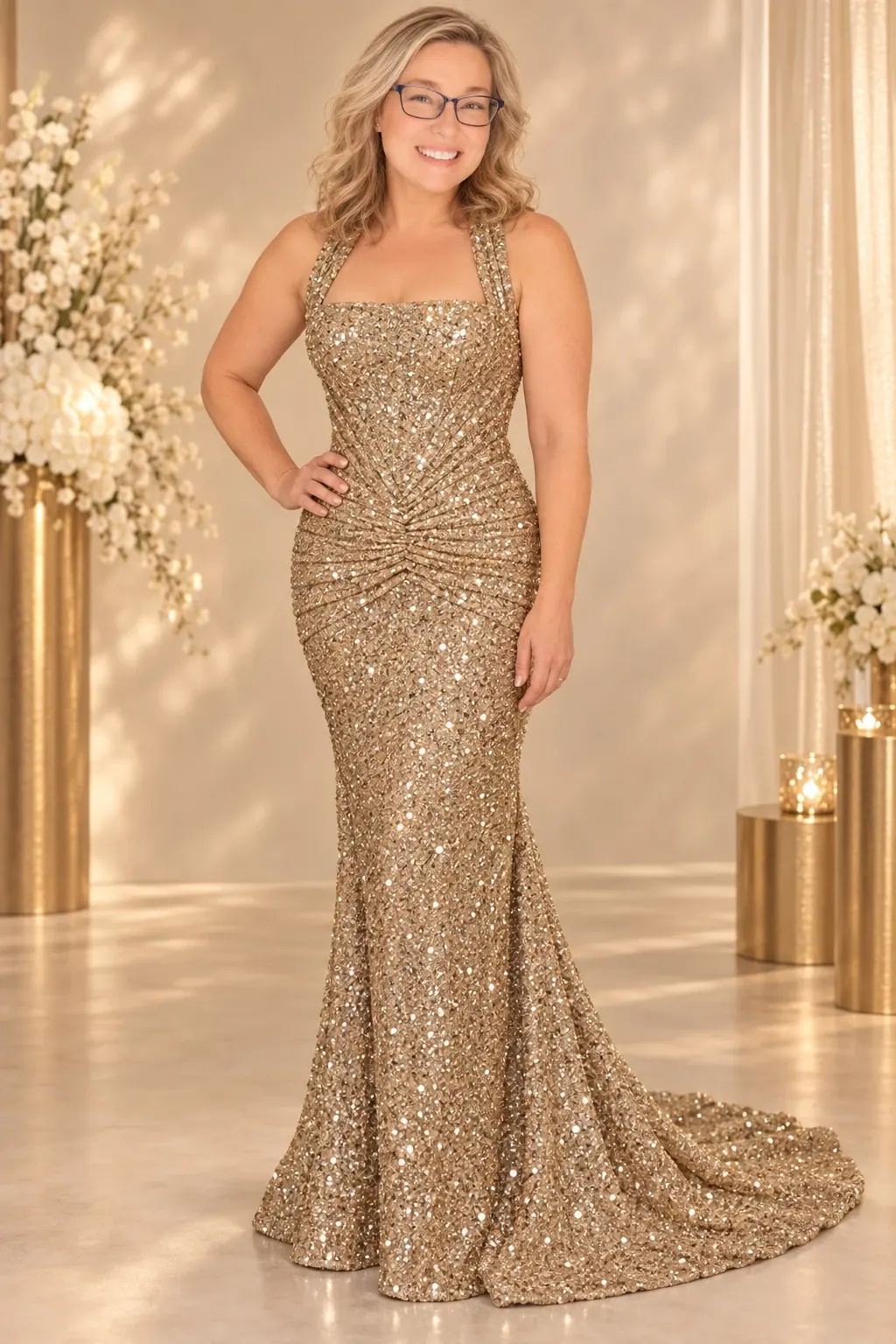 Amy Matthew wearing a gold sequin gown