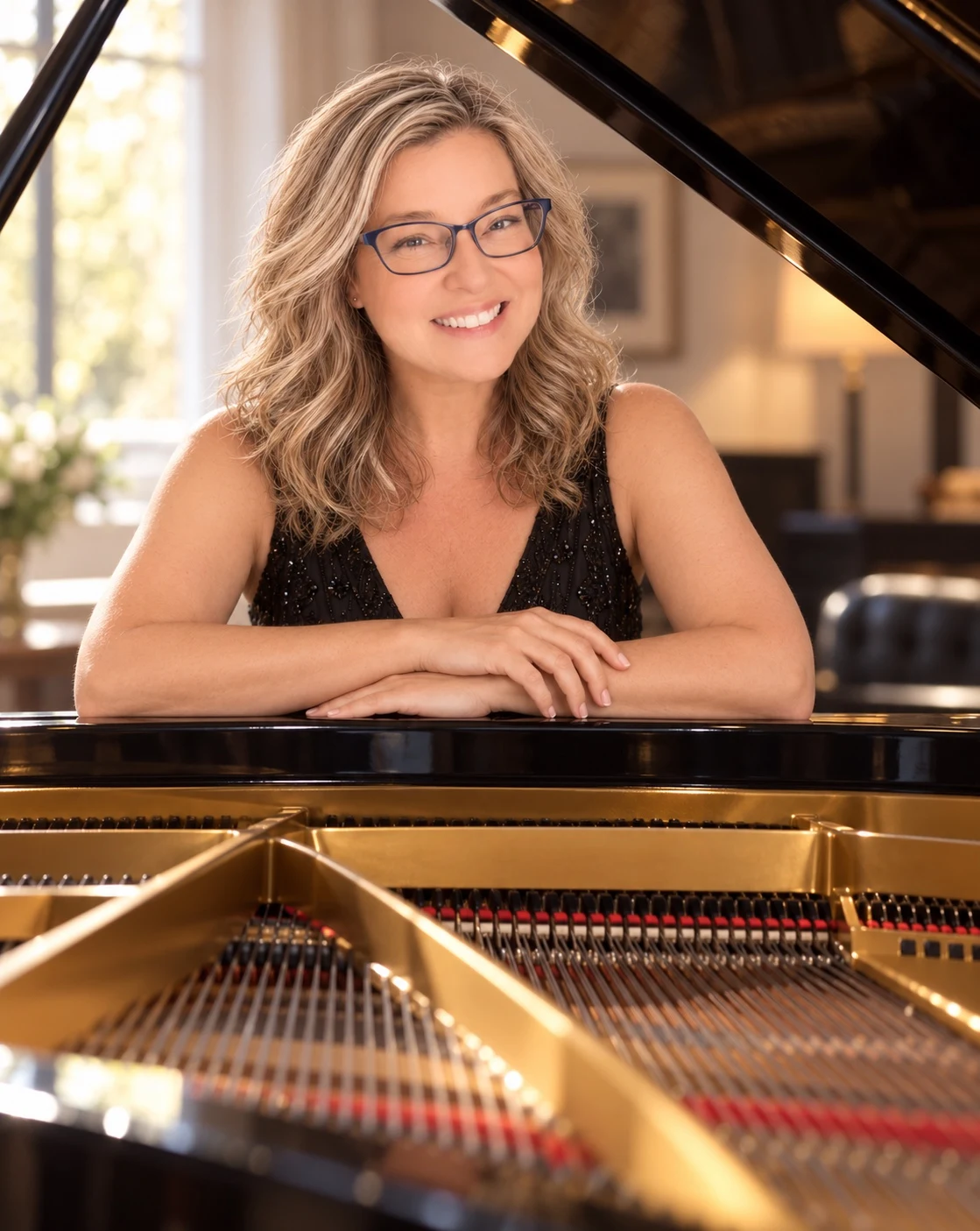 Amy Matthew leaning on a black grand piano